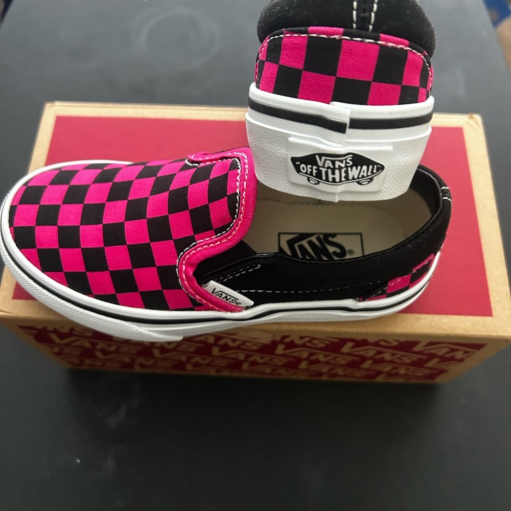 Vans Bold Pink and Black Checkered Slip-Ons